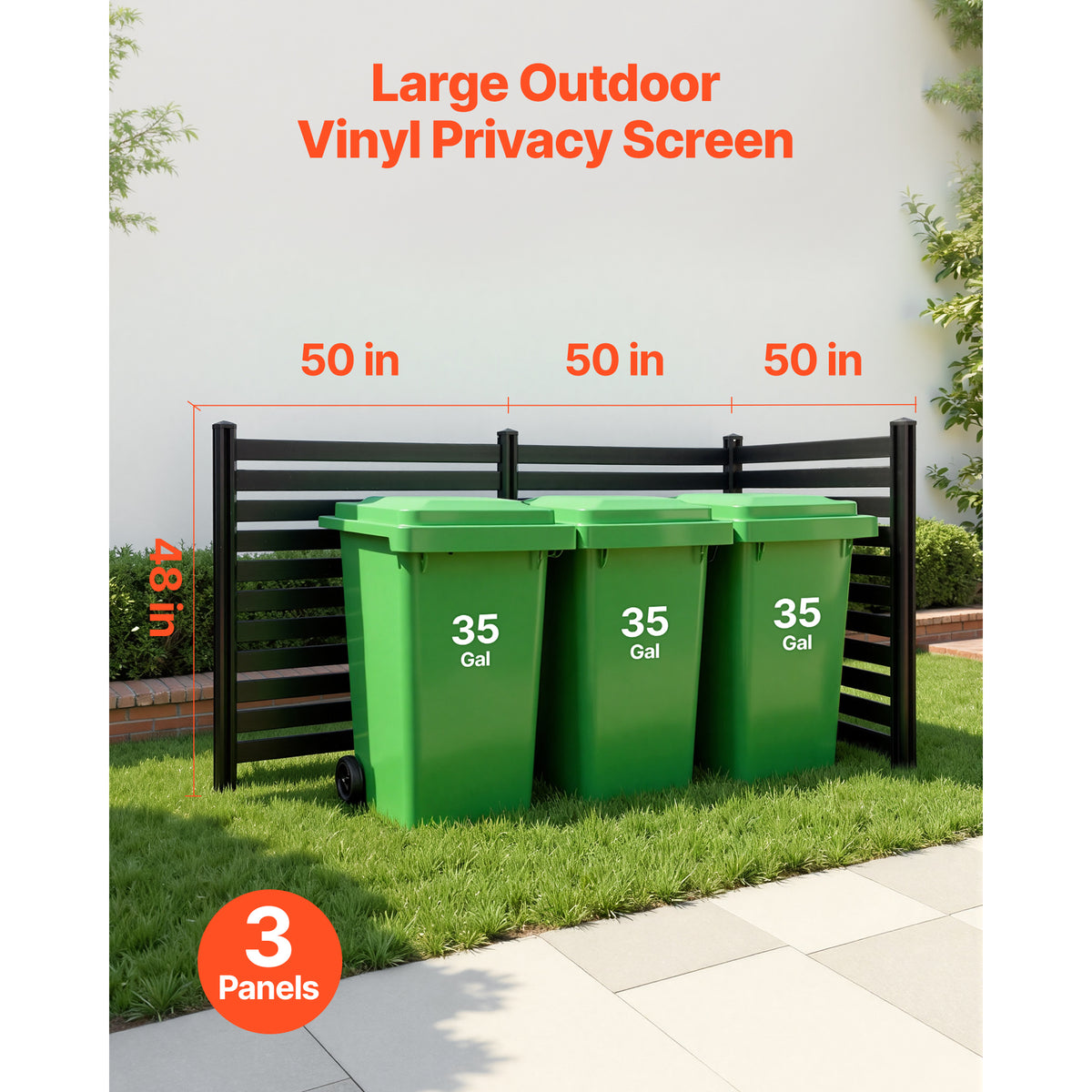VEVOR 3 Panels Outdoor Privacy Screen, 50 x 48 in Air Conditioner Fence with 27.6 in Ground Stakes, Pool Equipment Enclosure, Vinyl Privacy Fence, Ideal for Trash Can and A/C Units, Black