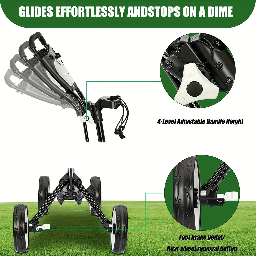 XDriveMax 4-Wheel Golf Push Pull Cart Foldable, One-Click Folding. Designed For Golf Clubs And Bags, Enhanced Storage