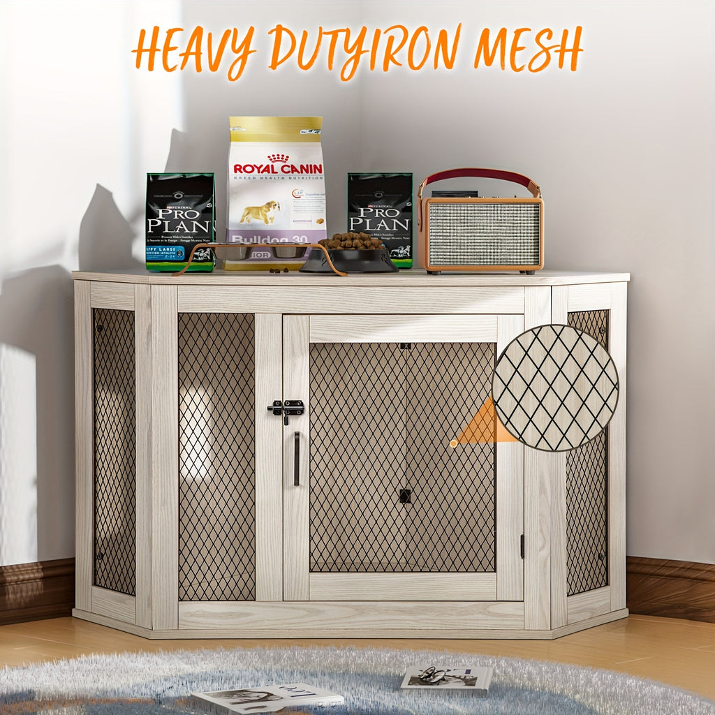 [Wooden Dog Kennel Furniture] Corner Dog Crate Furniture, 44/52Inch Wooden Dog Kennel Furniture with Mesh, Decorative Wood Dog House for Indoor Use, Dog Crate for Small/Medium Dog, Perfect for Limited Room