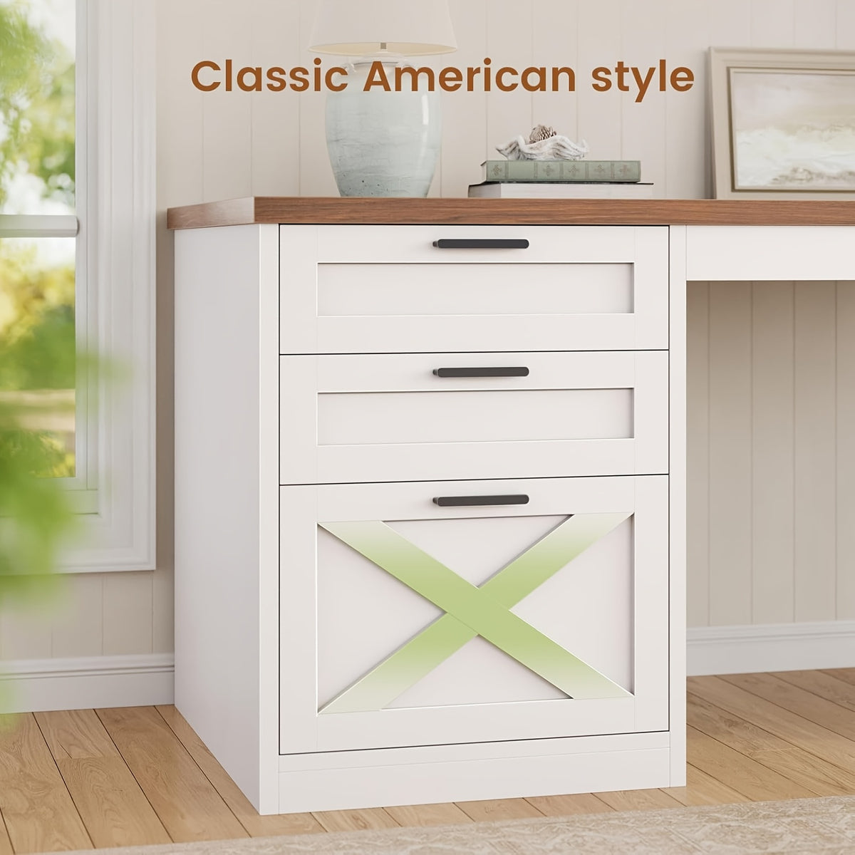 Farmhouse L-Shaped Desk with Storage, Large Computer Desk with Power Outlets, Home Office Desk with Drawers And Open Shelves, Corner Wood Desk, White And Brown Top