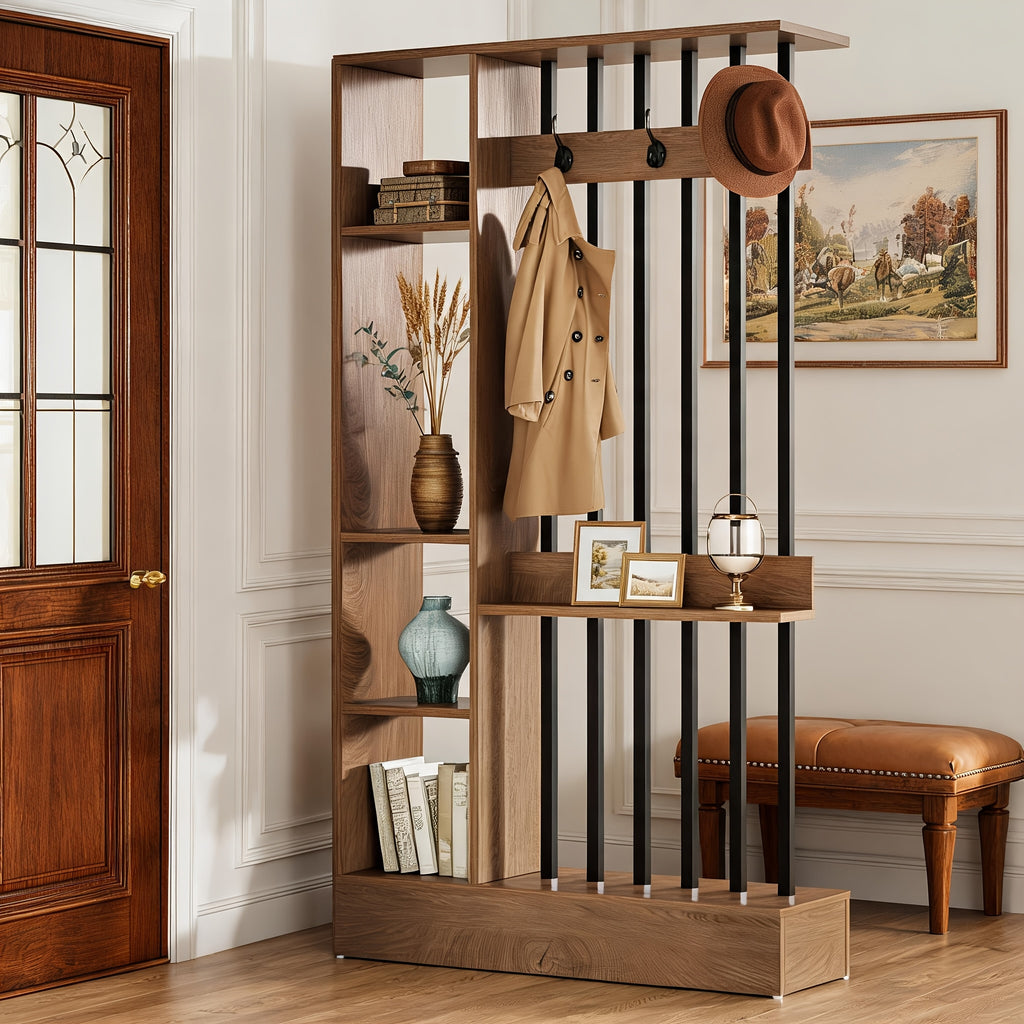 71' Wood Freestanding Room Divider, Wall Partition Bookcase with Shelves & Coat Hooks, Modern Decorative Screen for Home & Office, Brown