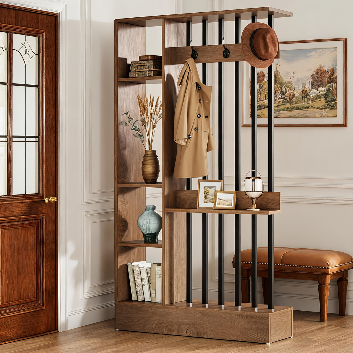 71' Wood Freestanding Room Divider, Wall Partition Bookcase with Shelves & Coat Hooks, Modern Decorative Screen for Home & Office, Brown