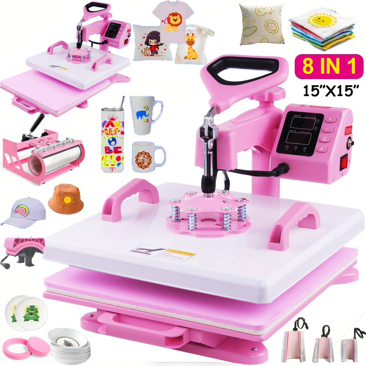 11pcs 8-in-1 - 15"x15"/12"x15" Heat Press Set for T-Shirts, Bags, Pillows, Hats, Beanies, Roller - 12"x10" T-Shirt Machine(Weight 25.35 Lbs) & 15"x15" Auto Single-Workbench & 15"x15" Auto Dual-Workbench Heat Press Only for Cloth, Shirts, Canvas Bags