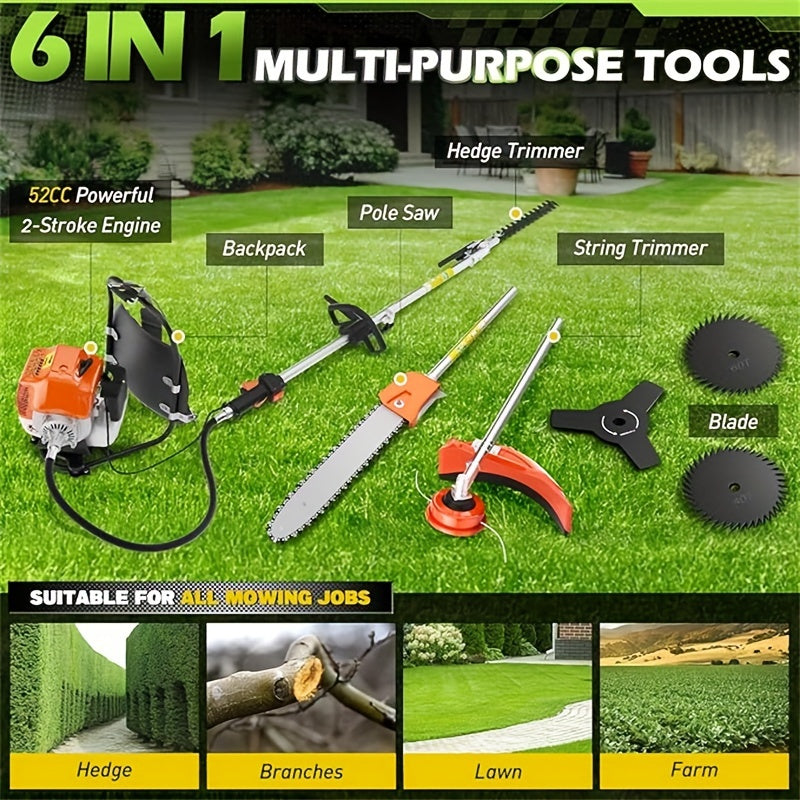 52CC Gas-Powered Weed Wacker with 2-Stroke Engine, a Versatile 6-In-1 for Trimming, Cutting, And Sawing, in Orange
