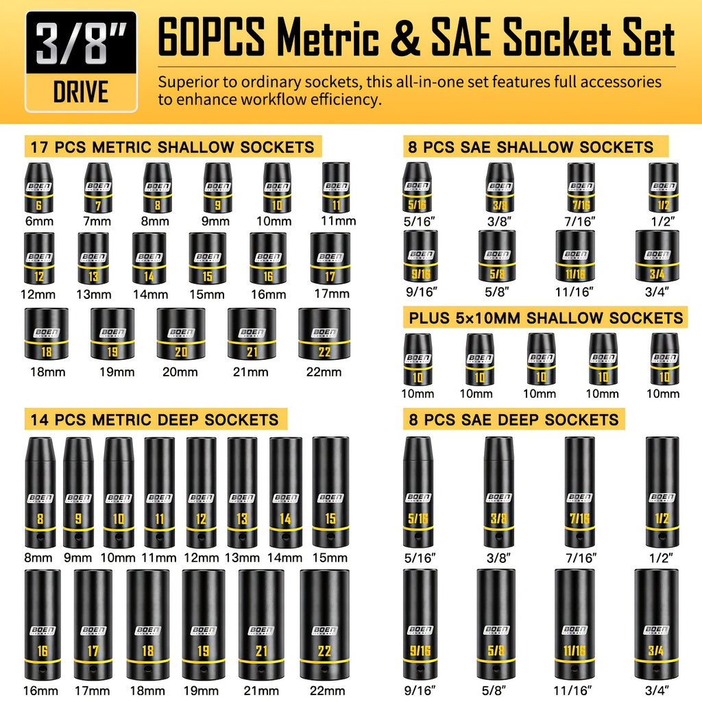 [60pcs Socket Set] BOEN 60pcs 3/8" Drive Impact Socket Set, 6-Point Sockets, Metric 6-22Mm & SAE 5/16"-3/4", Shallow & Deep Sockets, Ratchet Wrench Included, 7pcs 10Mm Sockets with Yellow Embossed Marking for Automotive Repair