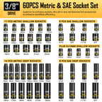 [60pcs Socket Set] BOEN 60pcs 3/8" Drive Impact Socket Set, 6-Point Sockets, Metric 6-22Mm & SAE 5/16"-3/4", Shallow & Deep Sockets, Ratchet Wrench Included, 7pcs 10Mm Sockets with Yellow Embossed Marking for Automotive Repair