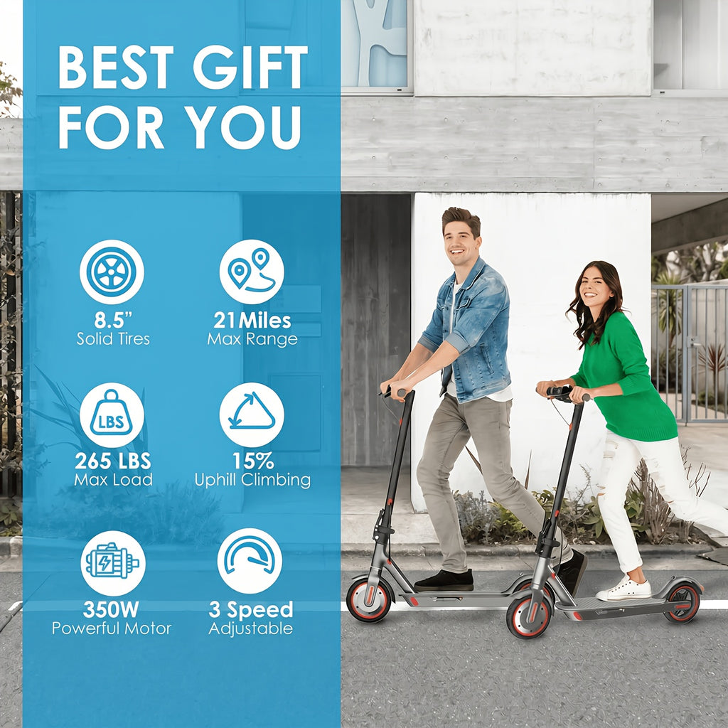 Long-Range Adult Electric Scooter with a Powerful 350W Motor, Top Speed of 19 Mph, Range of Up to 21 Miles, 8.5-Inch Solid Tires, Foldable Commuter Electric Scooter with APP Control, Dual-Brake System, LED Lights, And Portable Folding Design