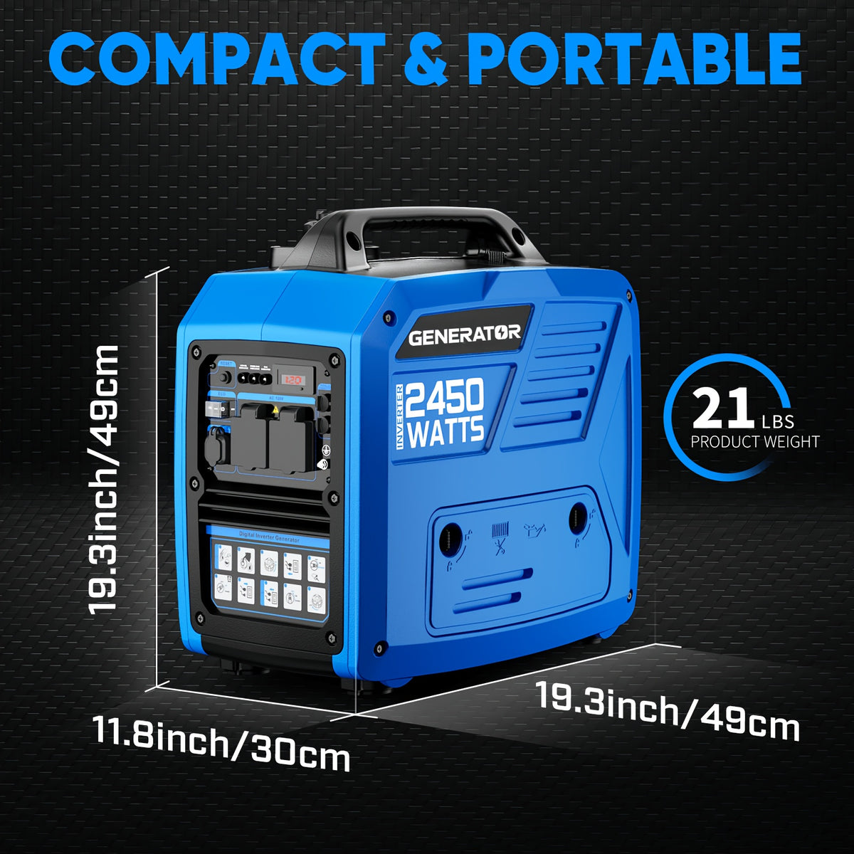 2450W Portable Inverter Generator - Ultra-Quiet Gas Generator with 1.6-Gallon Fuel Tank - Up to 8.3-Hour Runtime for Home Backup, RV Camping & Emergency Outages