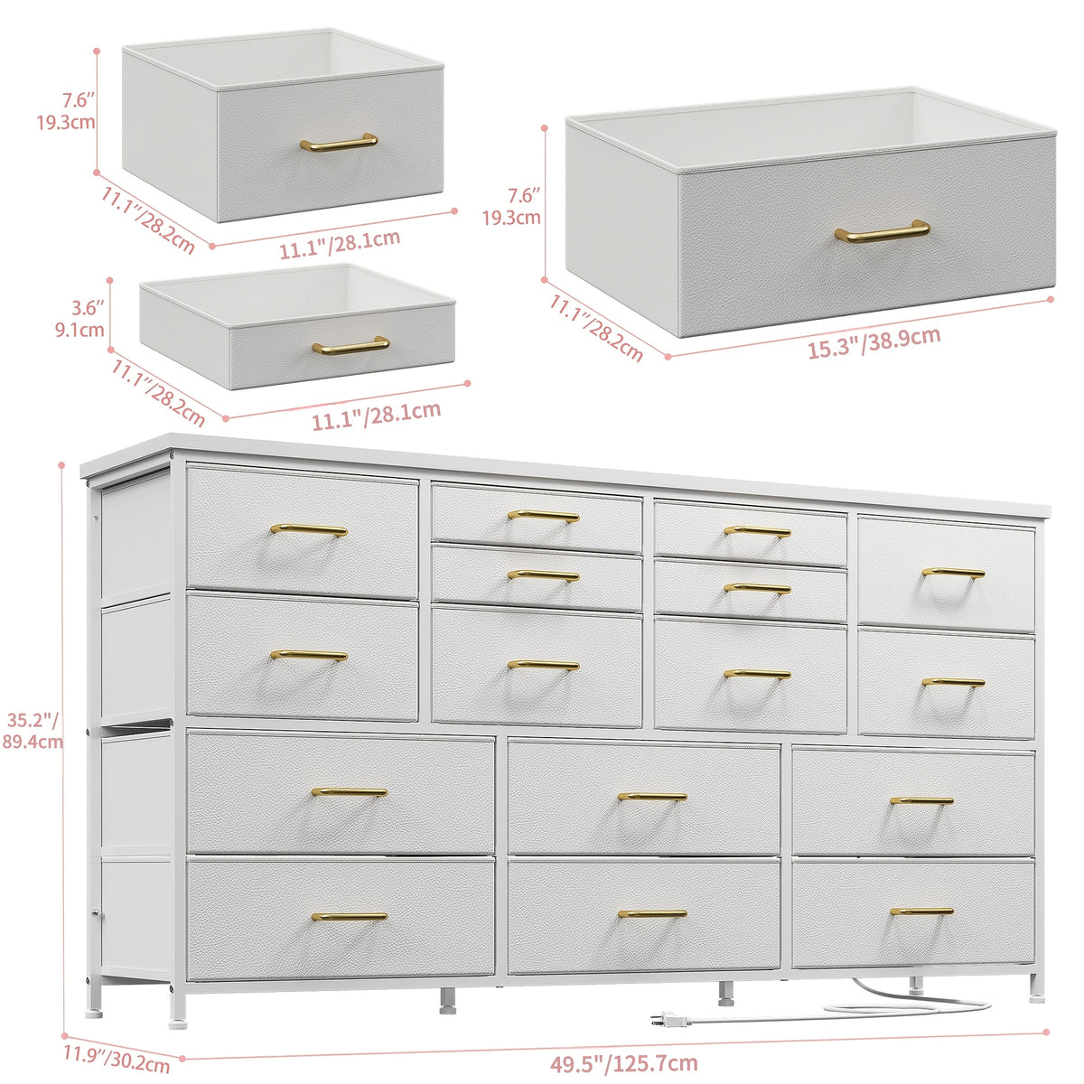 TV Stand Dresser with Power Outlet And USB White Dresser for Bedroom with 16 Drawers TV Stands for Living Room TV Stand with Storage for Bedroom, Media TV Console Table 51.1"W X 11.8"D X 34.8"H