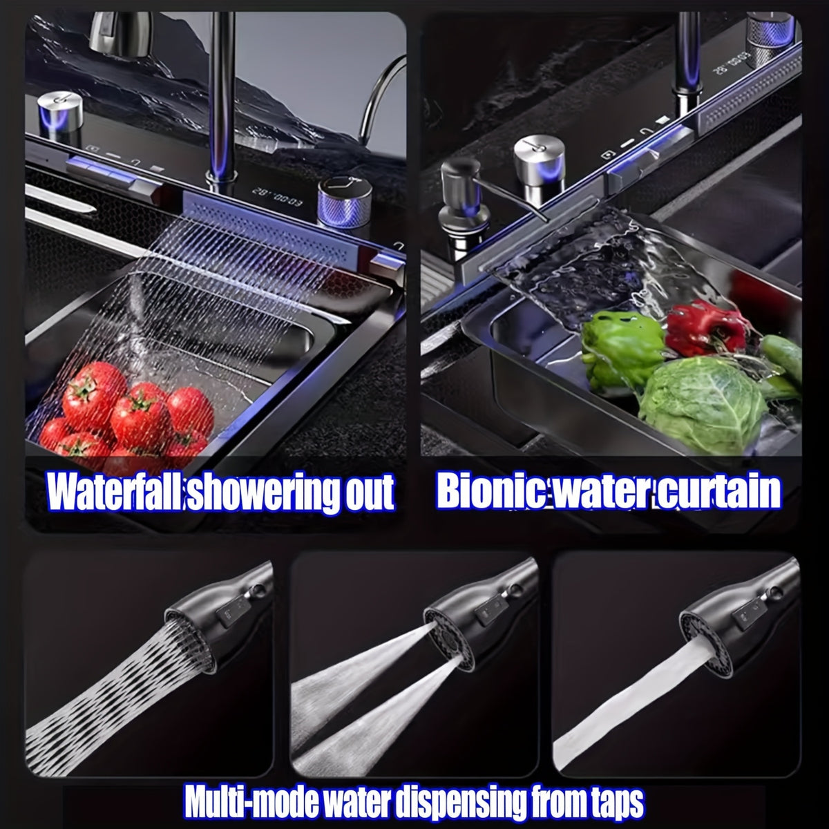 Kitchen Sink Double Waterfall Sink with LED Display with Cup Washer, Soap Dispenser, Waterfall Mixer, Worktop Controller, Etc. Workstation Kitchen Sink