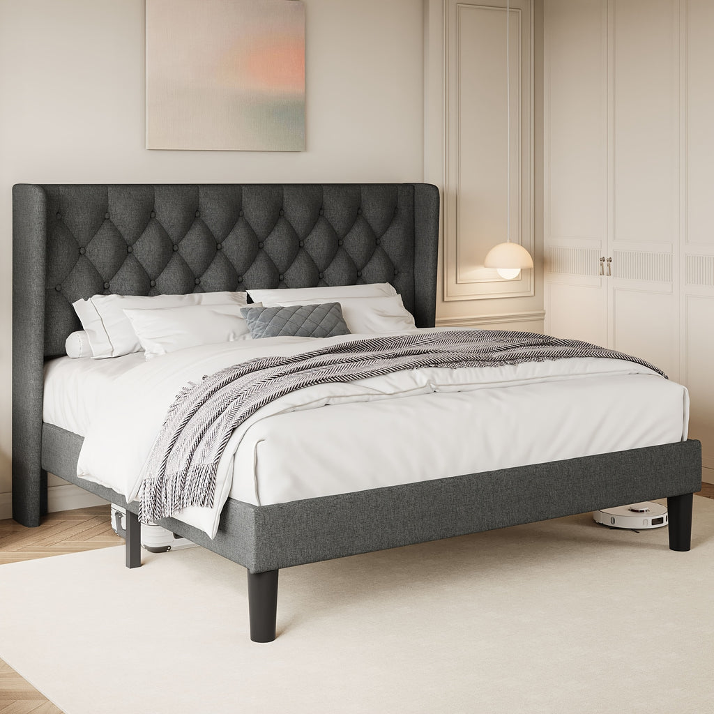 Valnase Modern Style Platform Bed Frame with 24"H Button Tufted Headboard, Solid Wood Slats Support, Artistic Legs Design - Dark Grey/Light Grey/Black Linen & White Velvet Options, Bed Frame for Home Bedroom