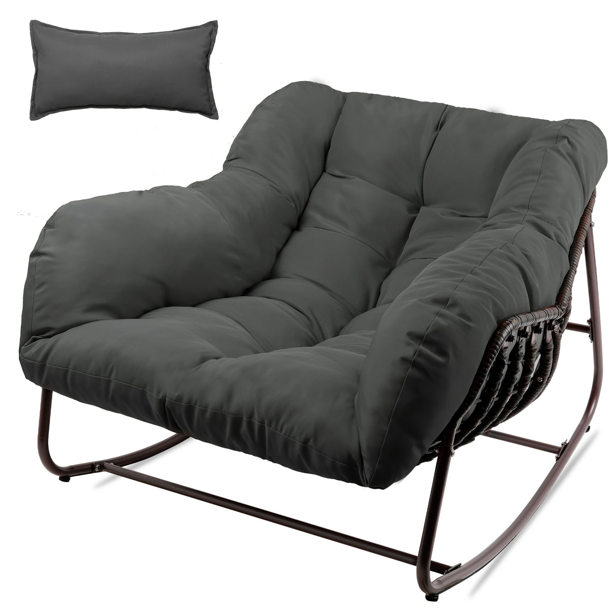Papasan Rocking Chair Outdoor, All Weather Wicker Papasan Patio Chair with Cushion And Pillow, Heavy Duty Metal Oversized Papasan Rocker Egg Chair for Garden, Patio