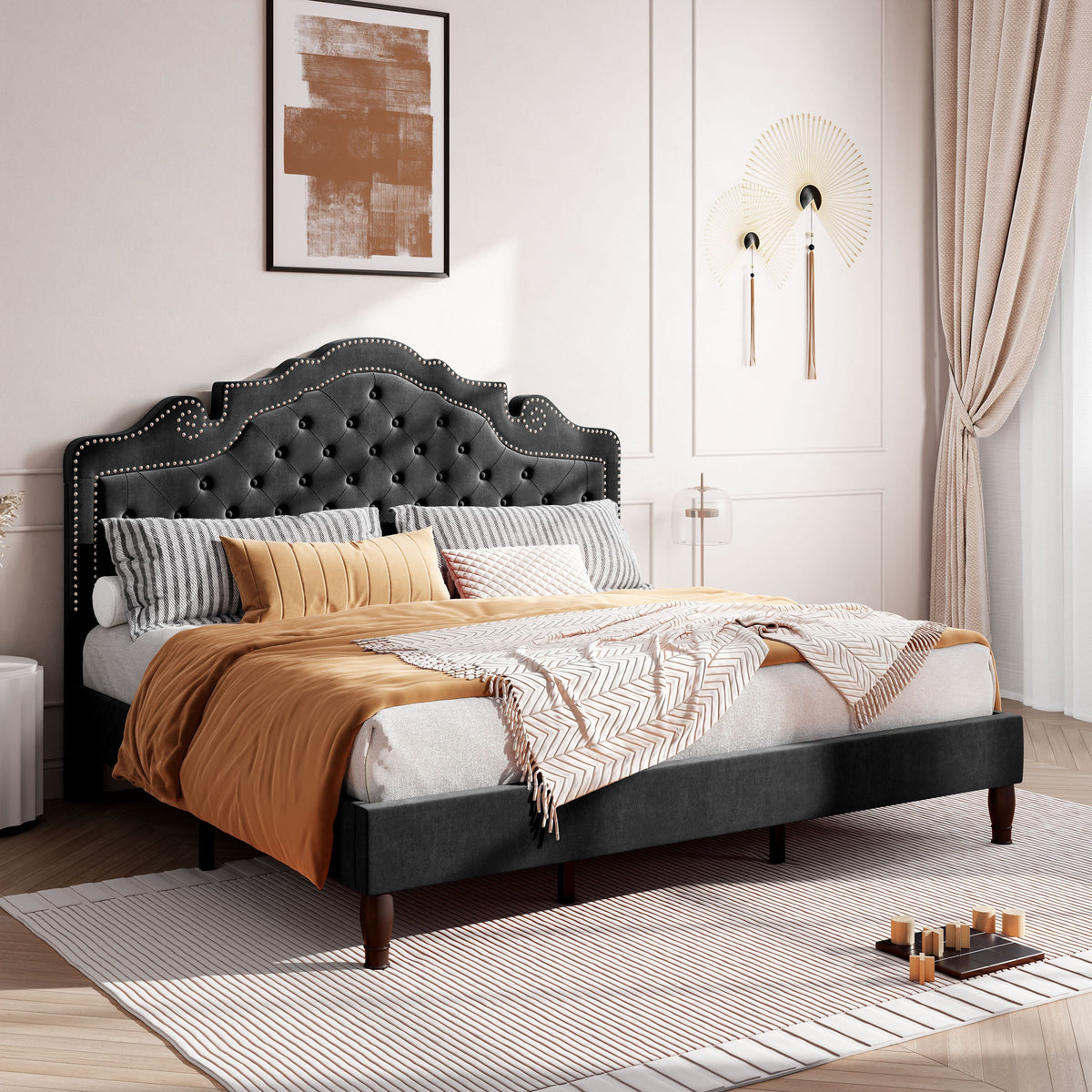 HOOMIC Full/Queen/King Size Bed Frame with Adjustable Velvet Tiara Headboard, Upholstered Diamond Button Tufted Platform Bed, Wooden Slats Support, No Box Spring Needed, Easy Assembly, Black