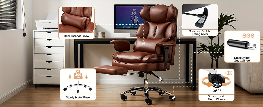 Home Office Reclining Desk Chair, Big and Tall High Back Executive Computer Task Chair with Leg Rest and Lumbar Support, Adjustable Height and Footrest, Armrest