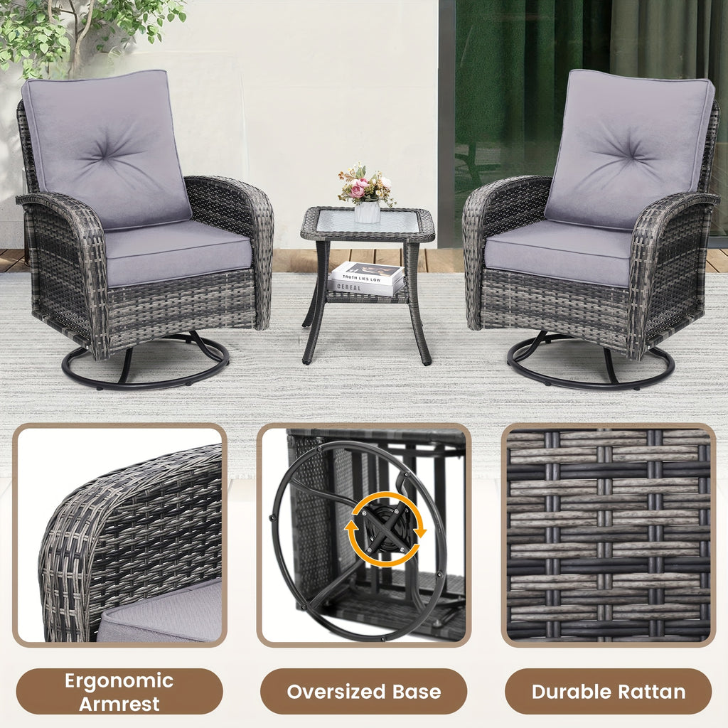 3pcs Patio Wicker Glider-Rocker Set, 360-Degree Swivel, Includes 2 Large Wicker Gliders And Matching Rattan Table, Thick Comfortable Washable Cushions, Perfect for Deck, Porch, Patio, As an Accent Chair Set