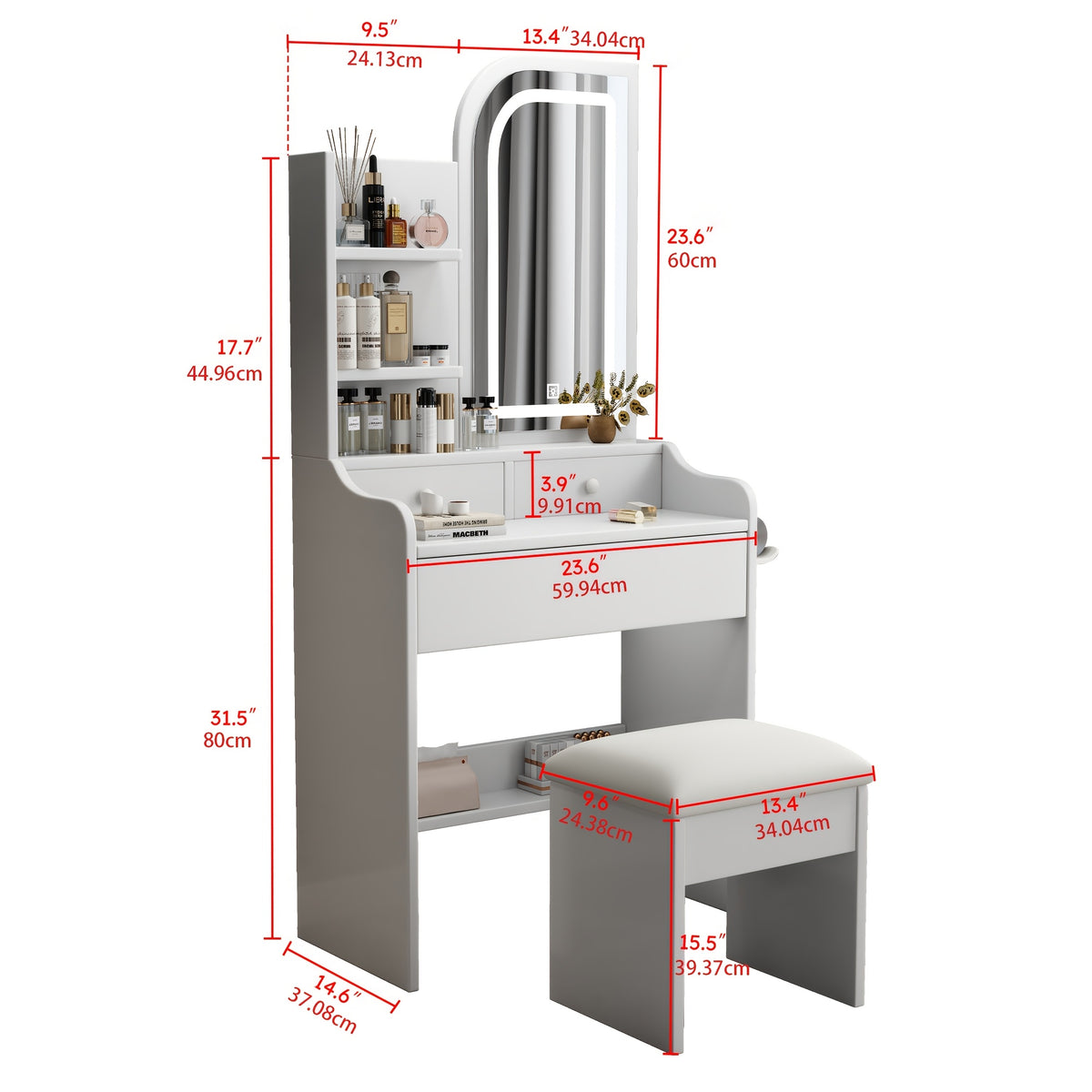 White Dressing Table with Sliding Mirror And Stool 4 Drawers Home High-End Bedroom Dressing Cabinet Integrated Small Apartment