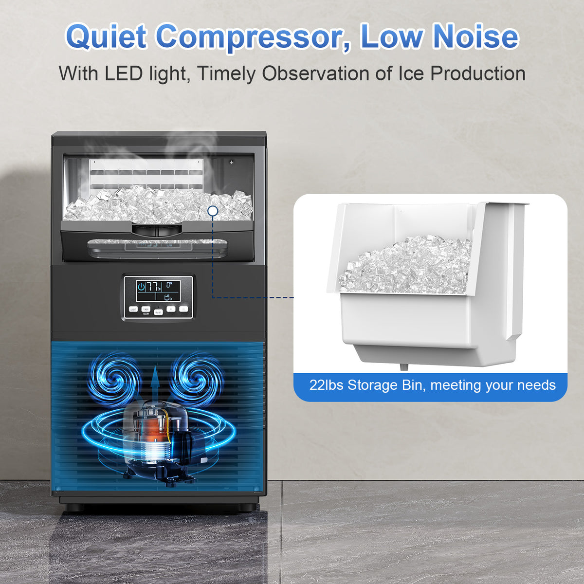 Large Ice Maker, 66Lbs/ 80Lbs/ 100Lbs Commercial Ice Maker, 24 Hour Timer, Self Cleaning Under Ice Machine, Automatic Full Ice Stop, Adjustable Ice Thickness And Ice Making Time, Suitable for Restaurants, Hospitals, Bars, Cafes, Laboratories