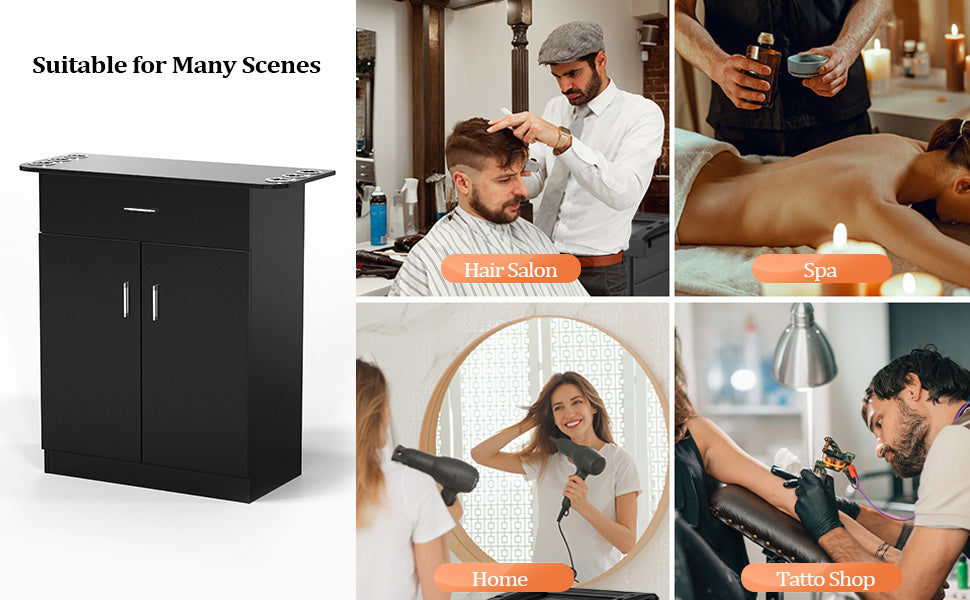 OmySalon Professional Salon & Spa Storage Station - Free Standing Barber Cabinet with Drawer, Large Storage Compartment, and 6 Hair Dryer Holders - Durable PVC, Hypoallergenic, Black