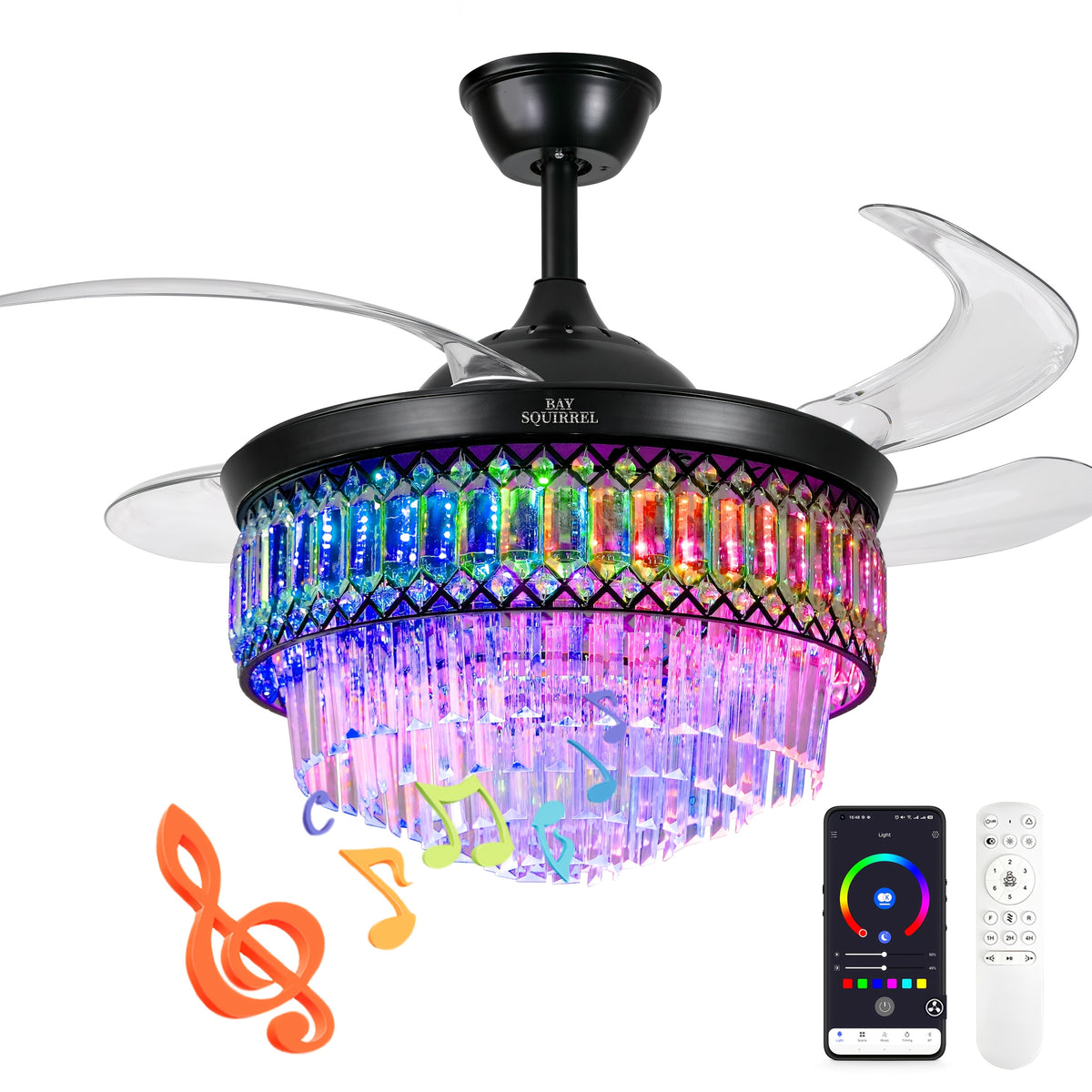 [Smart Ceiling Fan Light] 42" Smart Ceiling Fan Light With RGB Color Changing,, 6-Speed Motor & Dimmable Light Suitable For Bedroom, Living Room, Dining Room, Crystal Chandelier, Memory Function, Voltage Compatible (No Included)