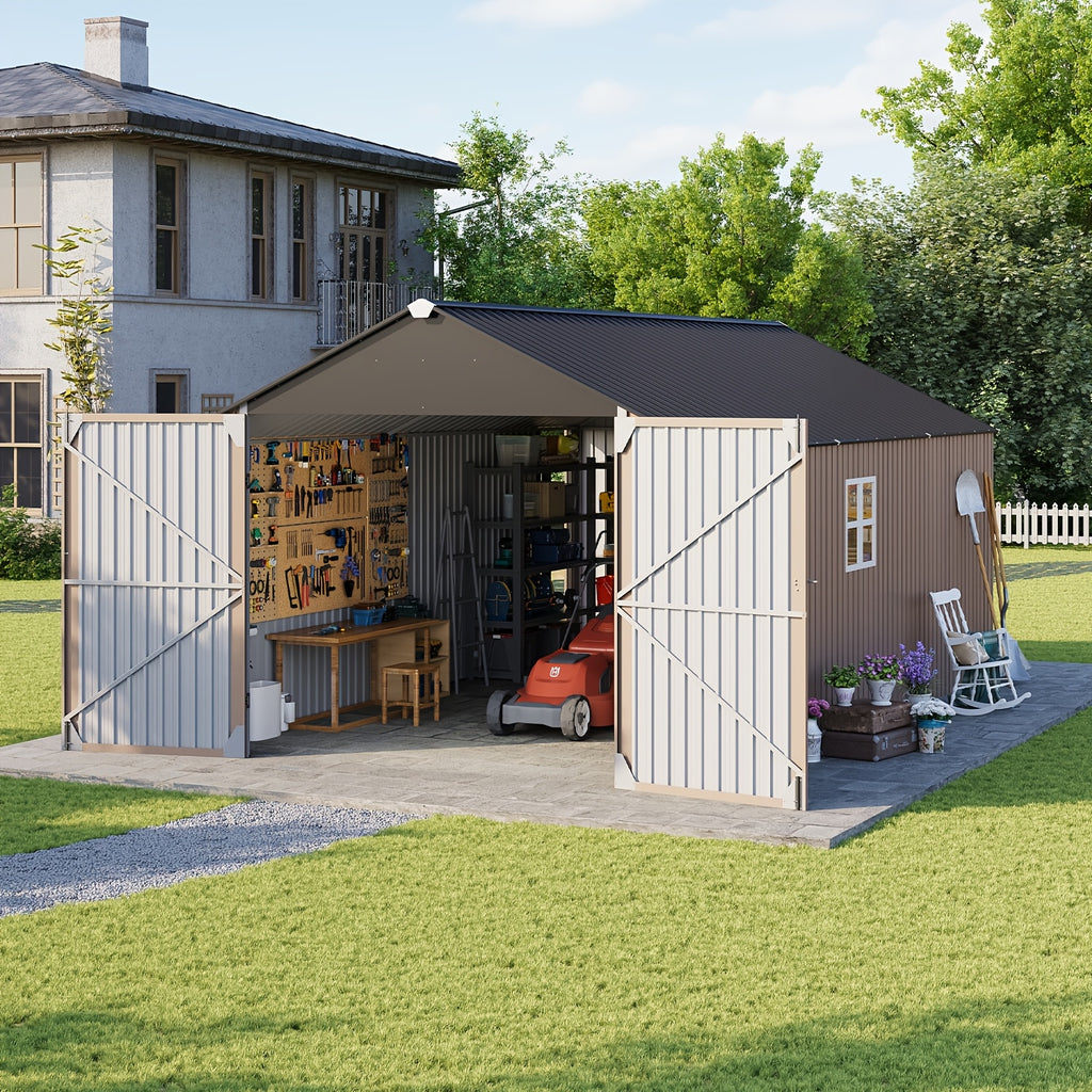 20'x12'/14'x12'/10'x8' Outdoor Metal Storage Sheds - Large Garden Tool Metal Shed, Carport Shed with Lockable Door & Galvanized Steel Construction for Garden, Backyard, Patio, Lawn( Brown)