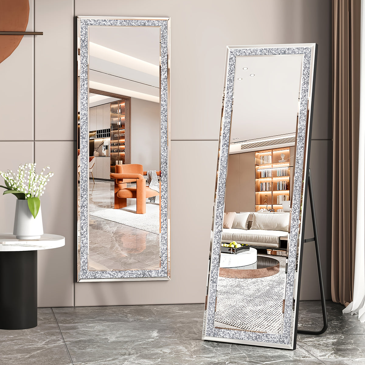 59" Luxury Crystal Diamond Framed Full-Length Mirror, Large Rectangular Floor-Standing Decorative Mirror, Modern And Light Luxury Design, Suitable for Bedrooms, Living Rooms, And Entryways