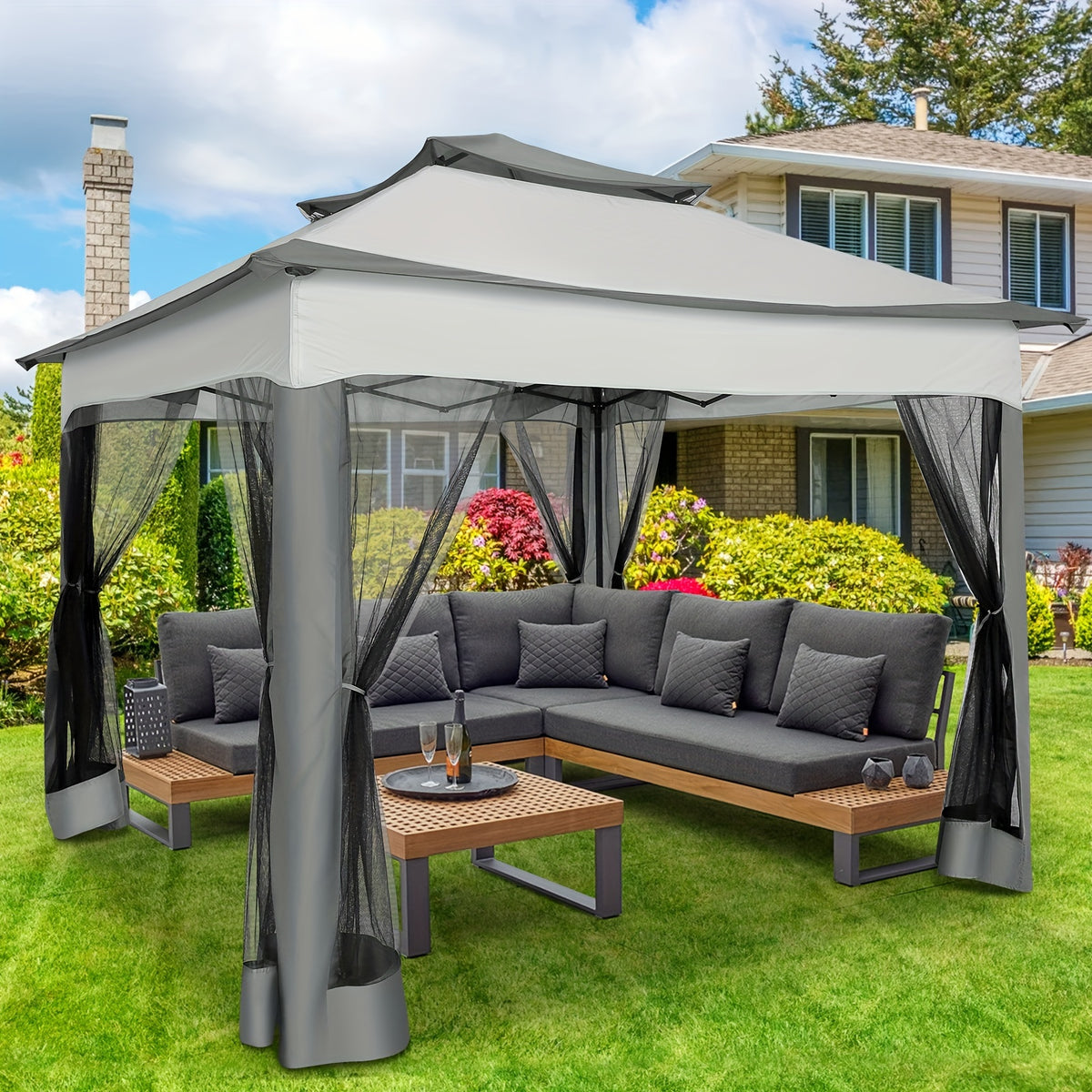 Tooluck 10X10Ft Outdoor Gazebo with Mosquito Netting And Double Roof, Easy Set Water-Resistant Metal Gazebo with Alloy Frame, for Gardens, Lawns & Backyard