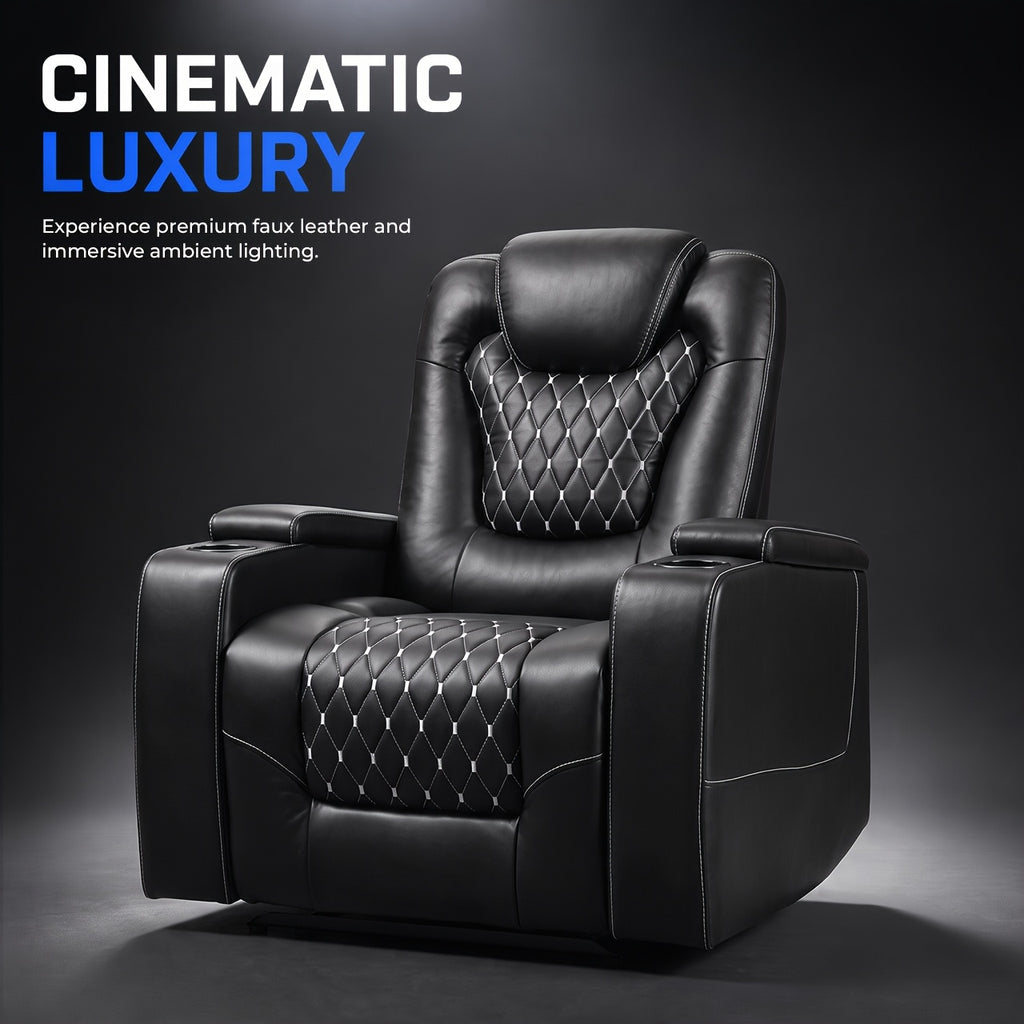 Power Recliner Chair with USB Ports And Cup Holders - Overstuffed Electric Home Theater Seating Faux Leather Reclining Furniture with Hidden Arm Storage, Easy to Clean (Black)