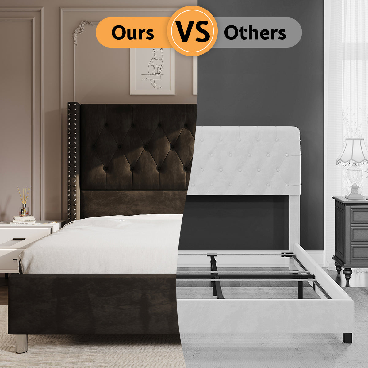 ALBOTT Upholstered Platform Bed Frame with 50 Inch Velvet Wingback Headboard, Button Tufted and Nailhead Trim, No Box Spring Needed, Easy Assembly