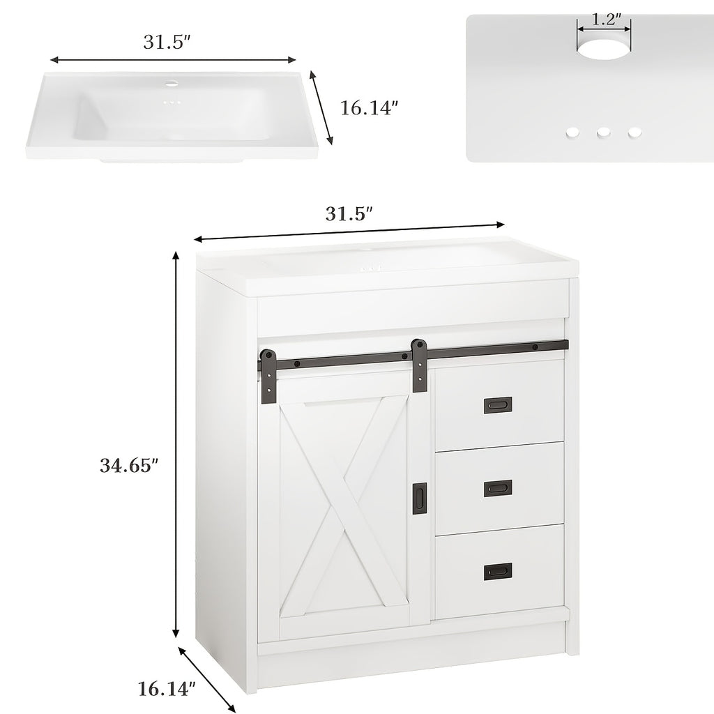 [Farmhouse Vanity With Sink] 31-Inch Farmhouse Style Bathroom Vanity With Ceramic Sink, Wall-Mounted Bathroom Sink Cabinet, With 2 Drawers And Sliding Barn Door, Modern Bathroom Vanity, With Metal Handles, Brown/Gray/Gray-White/White