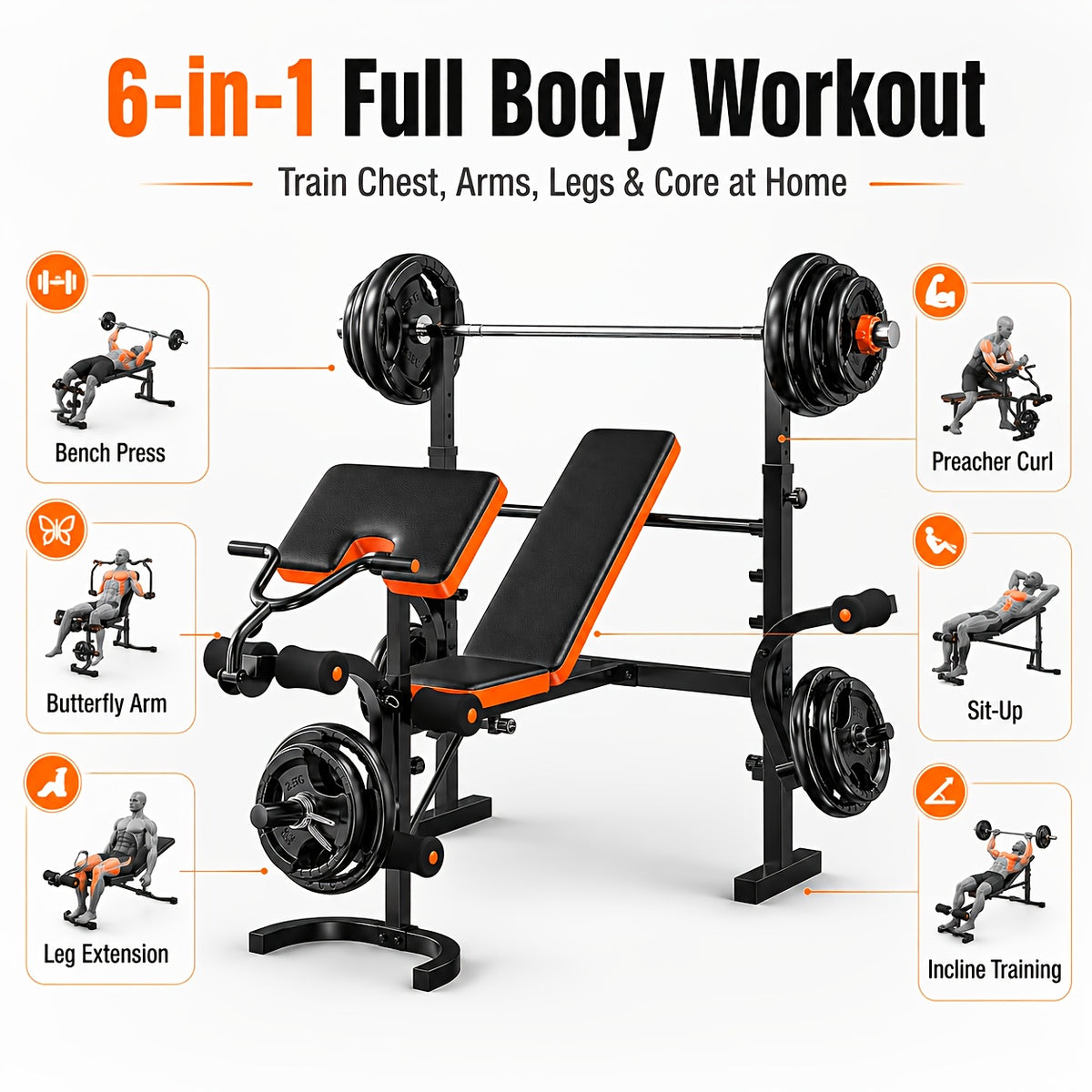 6-In-1 Professional Fitness Bench Set for Leg Extension, All-In-One Adjustable Weight Bench Full Body Strength Training, with Squat Rack, for leg Developer & Preacher Curl Pad, Ideal for Home Gym Use (Barbell Not Included)