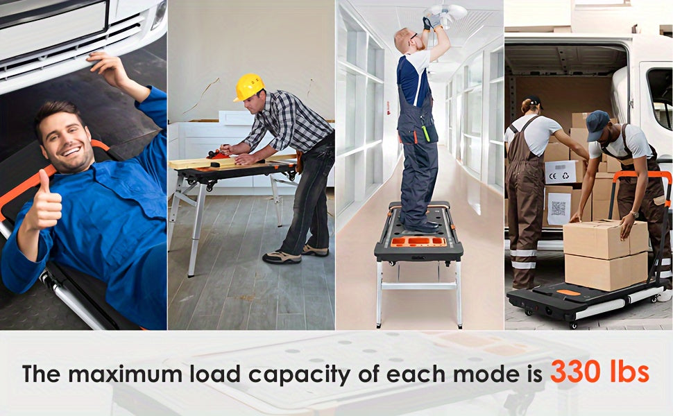 7in 1 Multifunctional Work Benches with Power Outlet, Folding Work Table for Garage, As Portable Workbench, Sawhorse, Scaffold, Platform, Car Creeper, Dolly And Hand Truck, with 4 Wheels, Requires No Assembly