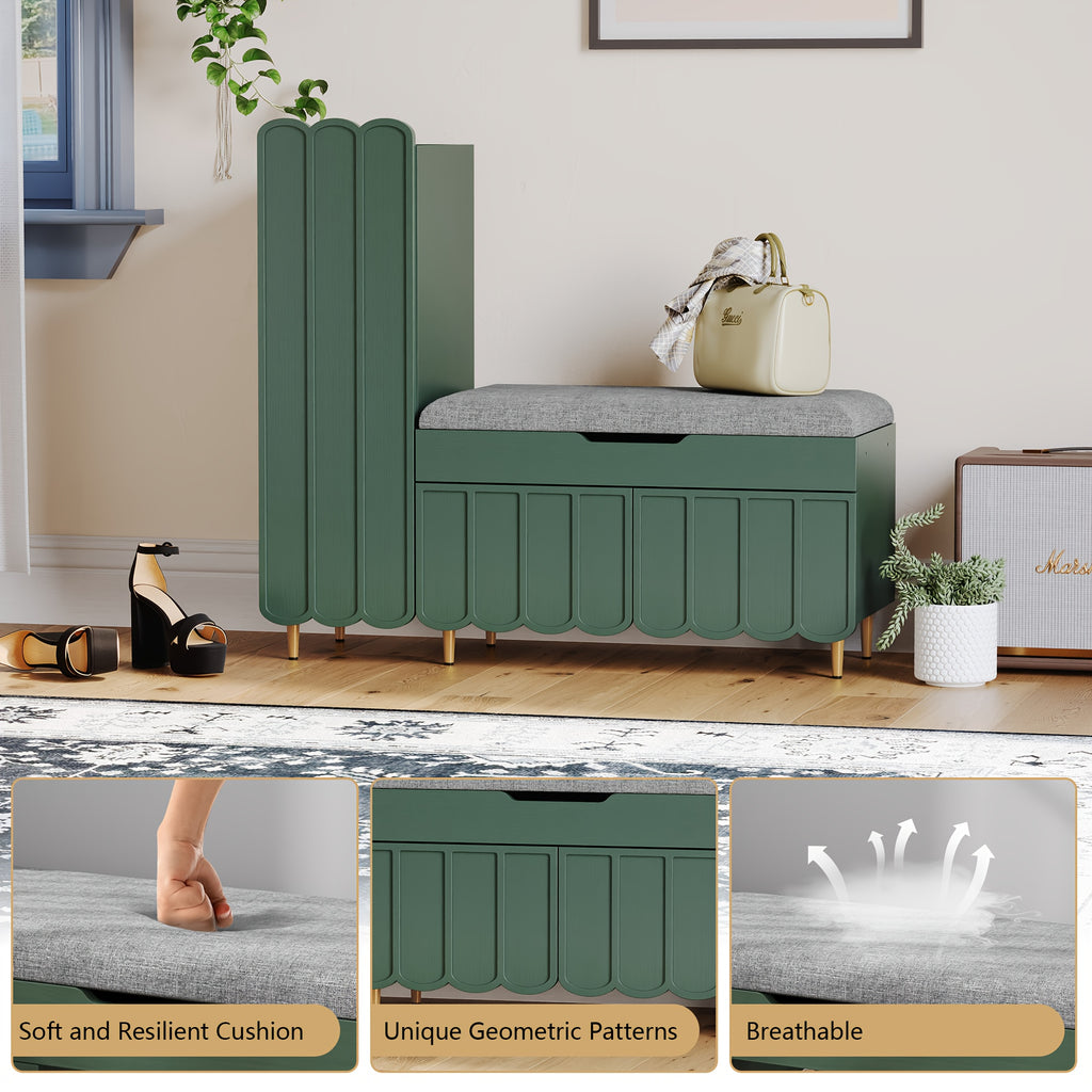 Shoe Organizer Cabinet, Entryway Bench With Adjustable Shelves And Cushioned Seat, Unique L-Shaped Bench Cabinet For Entryway