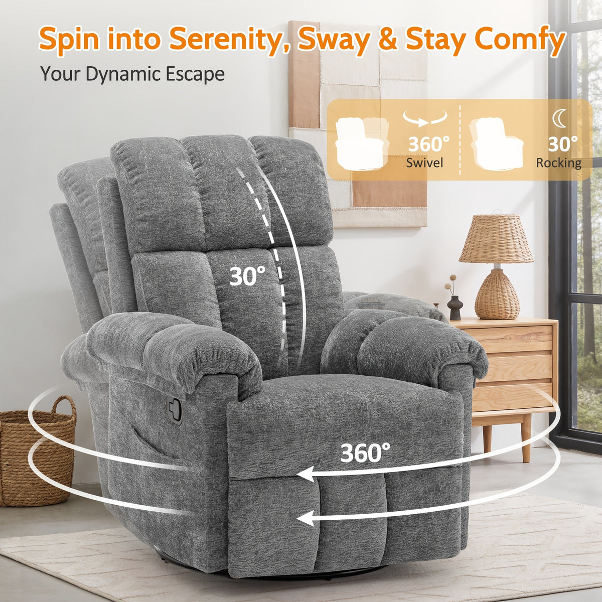 Living Room Single Chair, 360° Swivel Rocking Chair, Manual Rocking Chair for Small Spaces, Rocking Chair with Side Pockets And Armrest Storage, Deep Seat Cushion And Plush Backrest, Chenille Fabric, a Recliner Suitable for The Living Room
