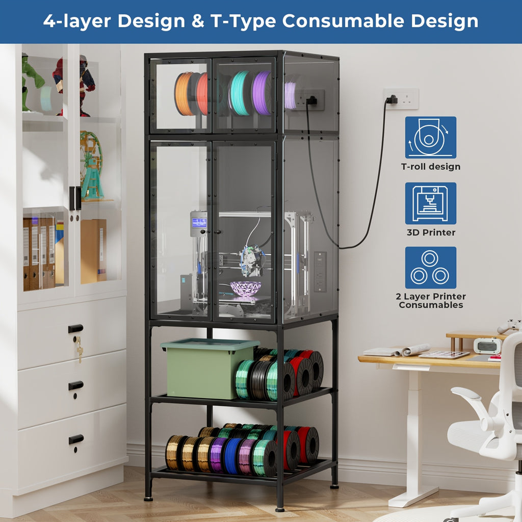 3D Printer Cabinet/Double Layer 3D Printer Filament Storage Rack/T-Shaped Filament Bar & Noise-Reducing/Dust-Proof Design/Suitable for Studio/Office Storage And Organization