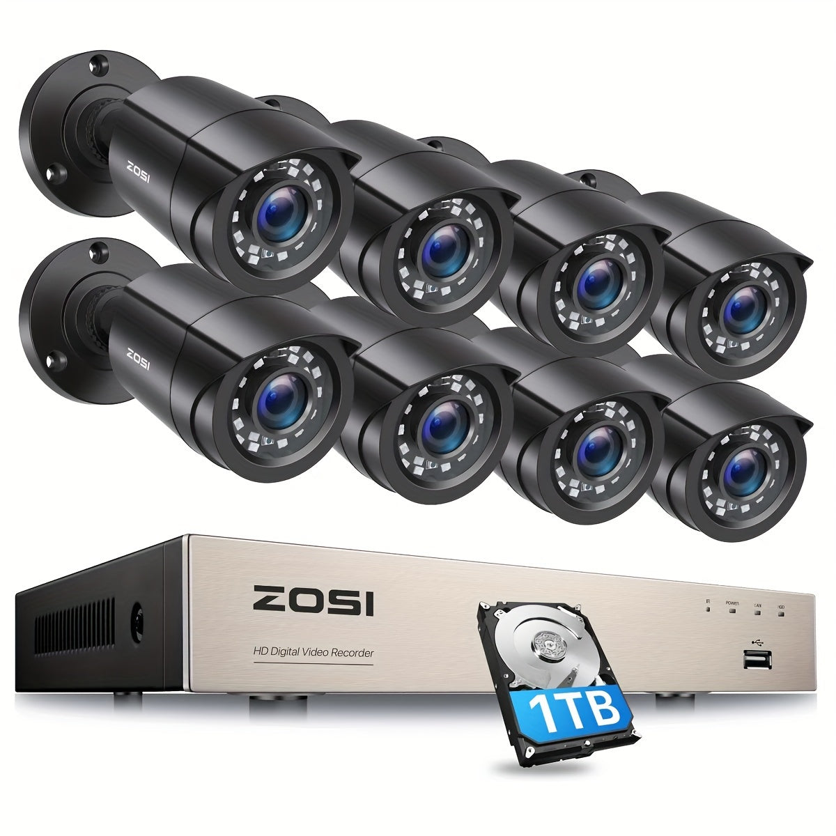 ZOSI H.265+ 8CH 5MP Lite DVR with 8 Units of 2MP 1080P HD Home Security Cameras, Featuring CCTV IR Night Vision, Automatic Motion Tracking, Instant Alerts, LED Indicators, Manual Configuration, And Support for Multiple Languages