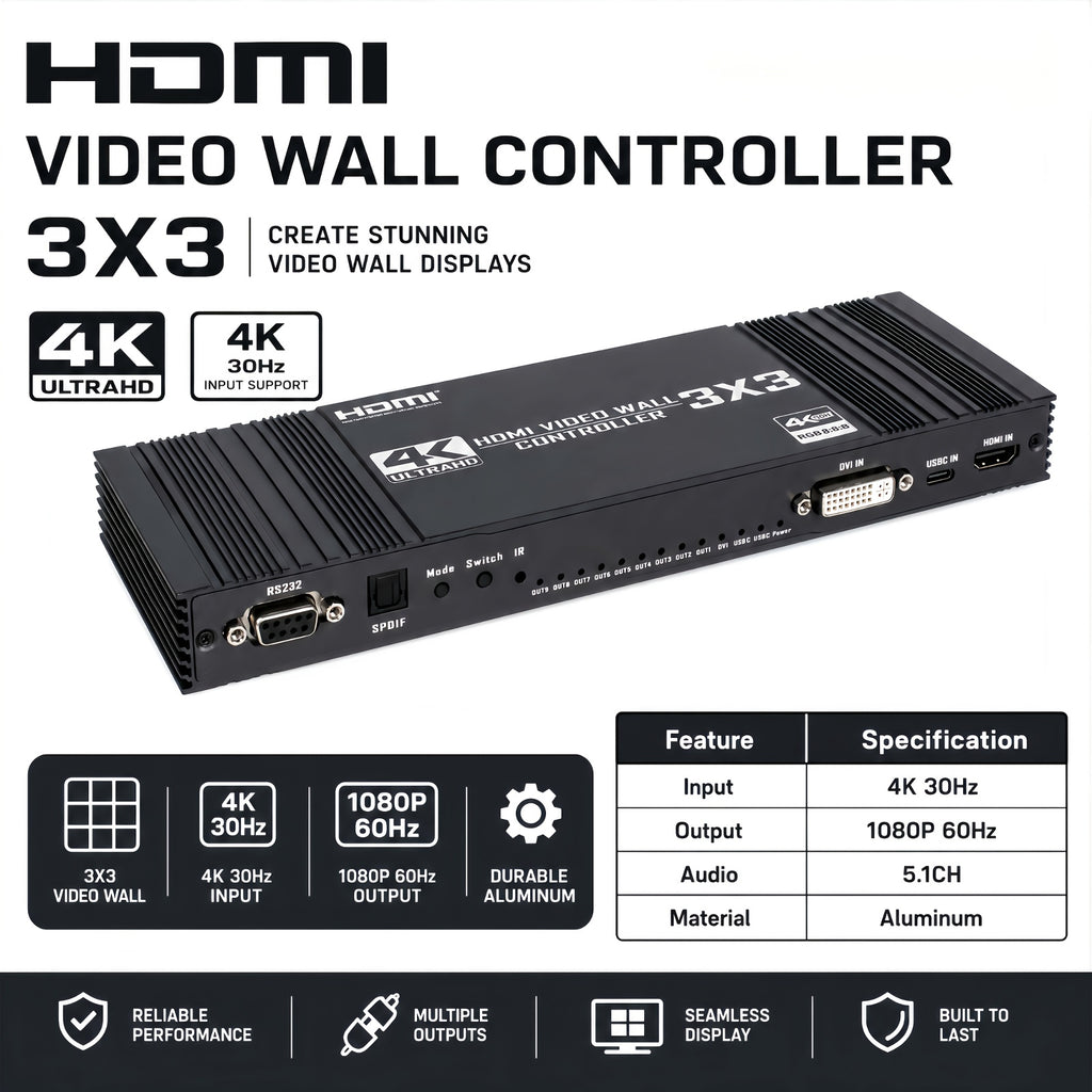 3x3 HDTV Video Wall Controller, 4K@30Hz Input 1080P@60Hz 9 HDTV Output TV Splicer | 17 Display Modes, 90°/180°/270° Rotation, Bezel Fusion, SPDIF 5.1CH Audio Extractor, Plug & Play With IR Remote For Advertising Screen, Home Theate