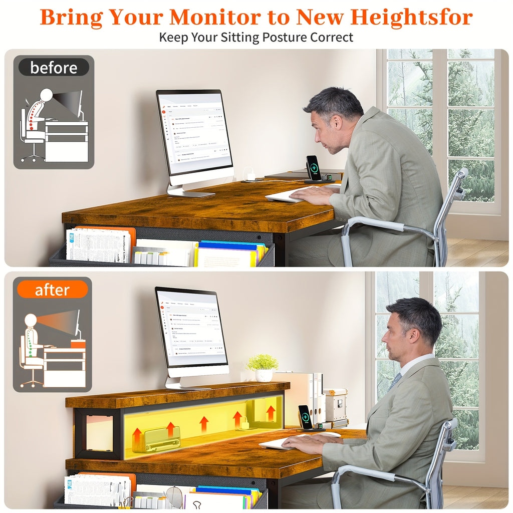 EnHomee 57" Computer Desk With Drawers And Printer Space, Office Desk With Power Outlets, Home Office Desks With File Drawers Cabinet, Study Writing And Gaming Desk With Shelves Monitor Stand