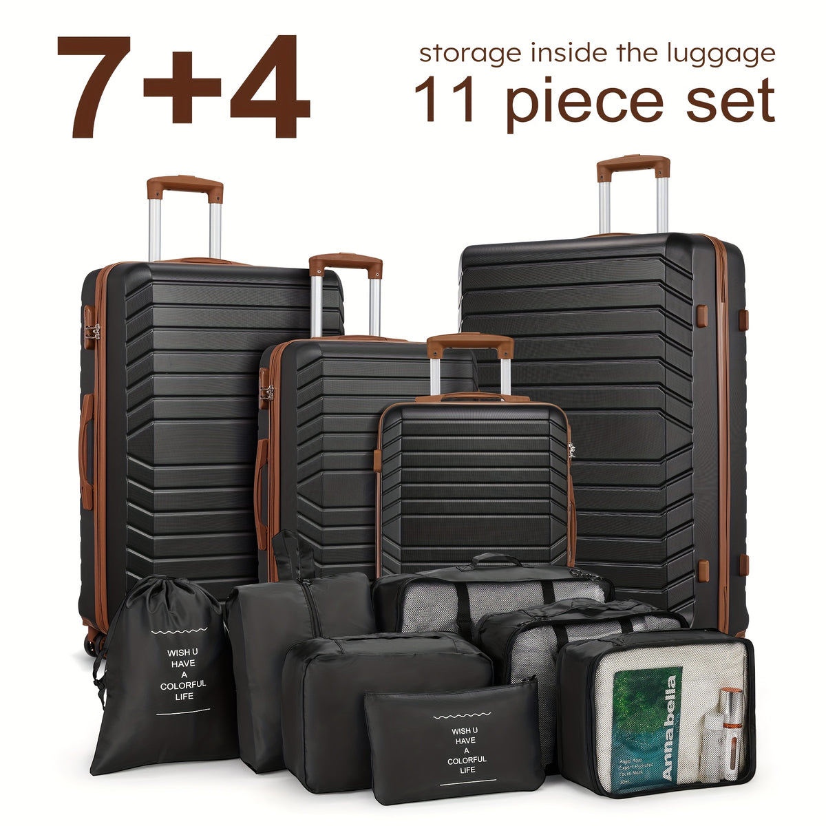 11pcs Luggage Set (4suitcases+7storage Bags) Large Capacity Luggage with Telescopic Handle Thick ABS Durable Hardshell with Dual 360°Swivel Wheels (20+24+28+32) Inch Suitcases