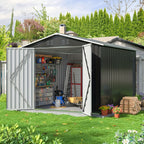 Metal Storage Shed 8' x 8' in Gray with Lockable Doors and Sloped Roof for Backyard Equipment Organization