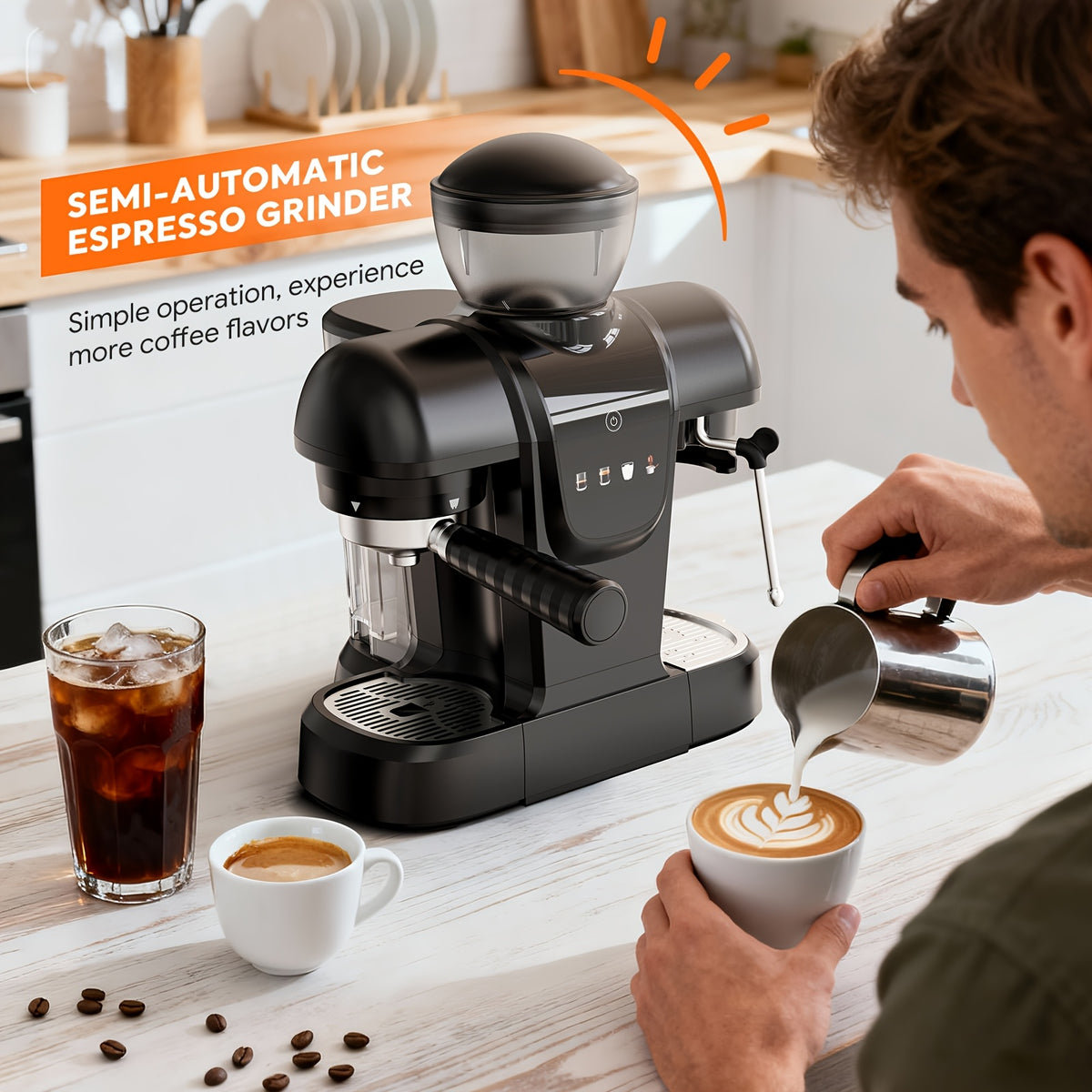 Italian Espresso Machine with 19-Bar Pressure and Conical Burr Grinder for Cappuccinos and Lattes