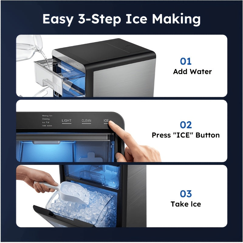 Nugget Ice Maker Countertop, 44 Lbs/Day, Soft Chewable Pebble Ice Machine with Stainless Steel Ice Scoop, for Home, Kitchen, Office, RV & Camping, Stainless Steel, Black