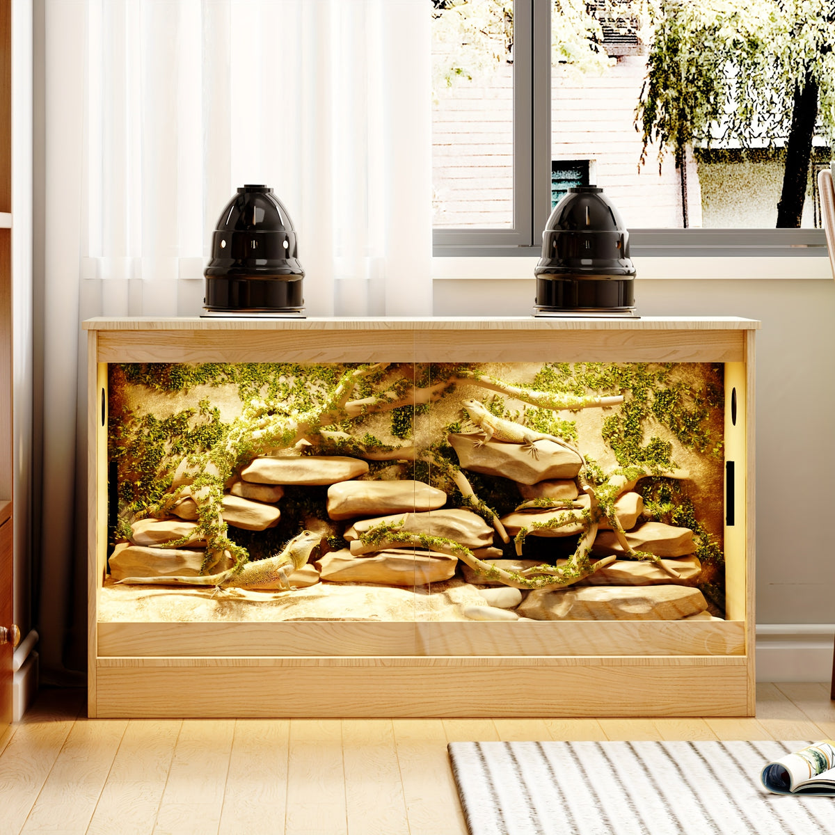 Large Reptile Enclosure with Sliding Glass Doors, Ventilated Terrarium Cabinet with Dual Air Vents, Easy Access Design, for Reptiles And Amphibians, Oak