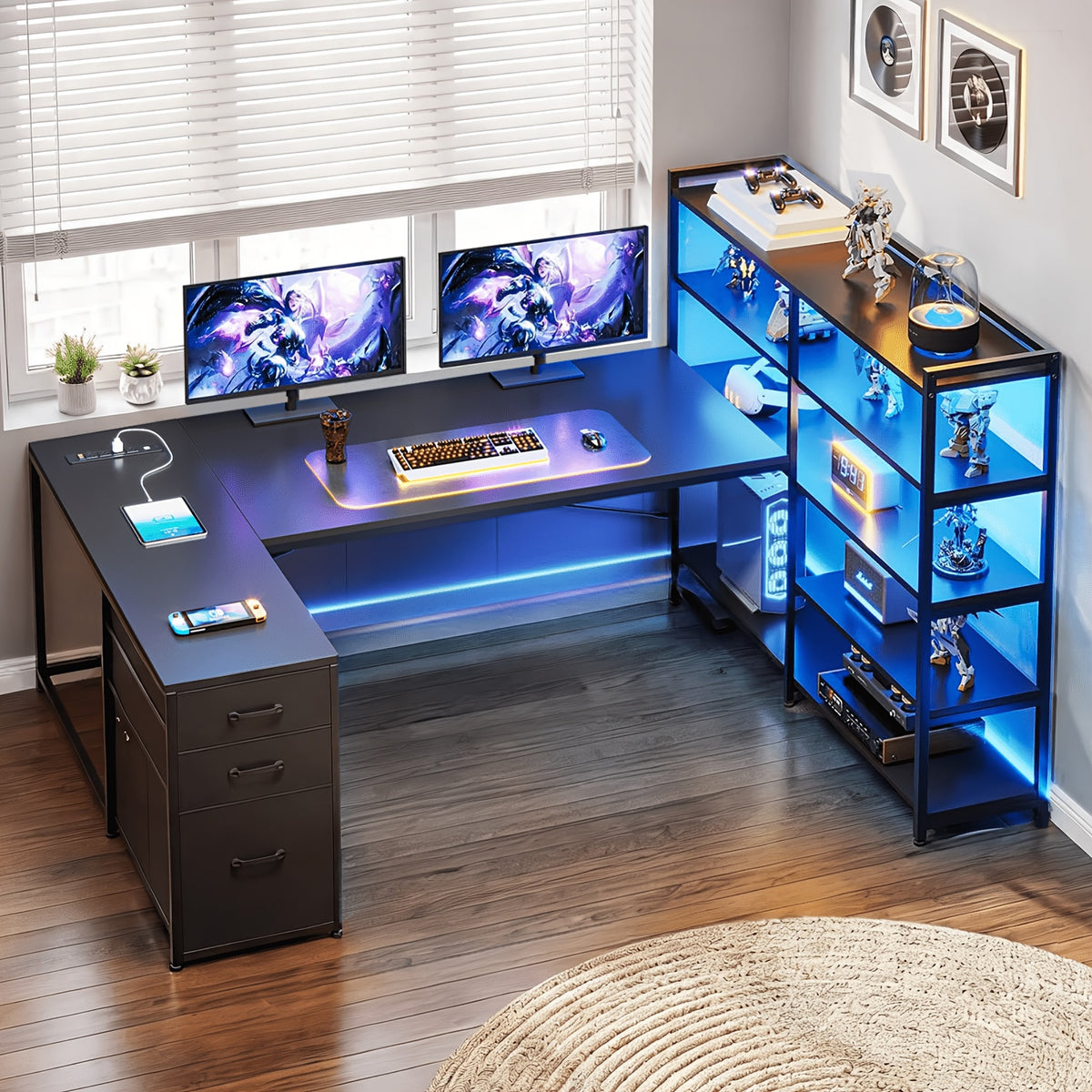 L-Shaped Desk with Storage Shelves, 64.5" Reversible U-Shaped Office Desk with 3 Fabric Drawers, Gaming Desk with Power Outlet & LED Strip, Large PC Workstation for Home Office, Brown/Black/White/Gray
