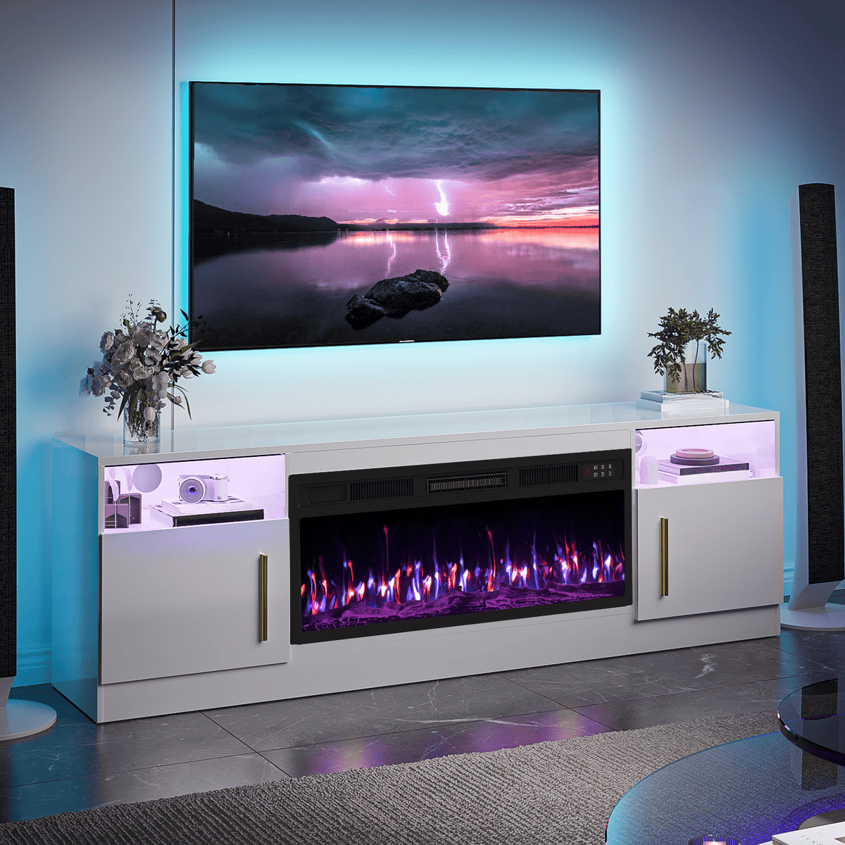 70“ Fireplace TV Stand with 36" Electric Fireplace Up to 80" TVs, Led Entertainment Center with High Glossy Doors, Modern Wood Media TV Console for Living Room