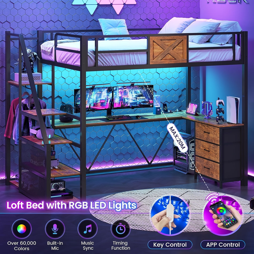 Stairway Twin Size Loft Bed with L Shaped Desk and Wardrobe, Metal Loft Bed Frame with Storage Stairs, 3 Drawers and LED Lights