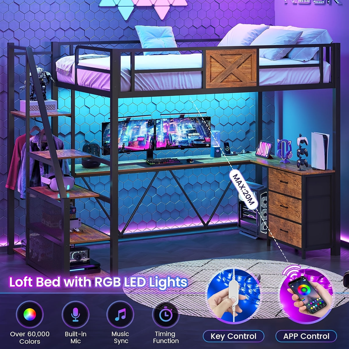 Stairway Twin Size Loft Bed with L Shaped Desk and Wardrobe, Metal Loft Bed Frame with Storage Stairs, 3 Drawers and LED Lights