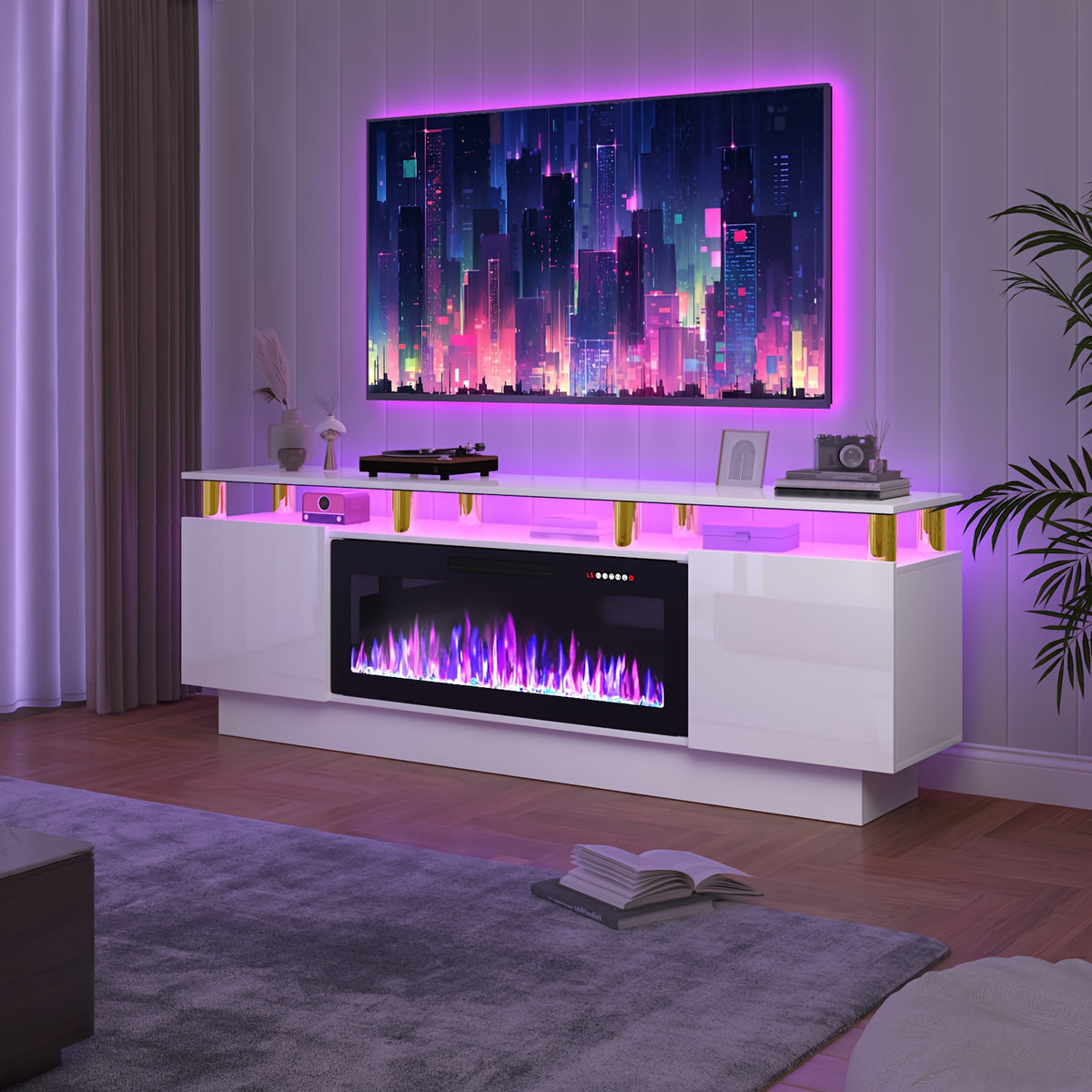 70-Inch Contemporary TV Stand Featuring a 36-Inch Electric Fireplace, Designed As an Entertainment for Televisions Up to 80 Inches, with Modern Wooden Media Storage Cabinets Suitable for The Living Room