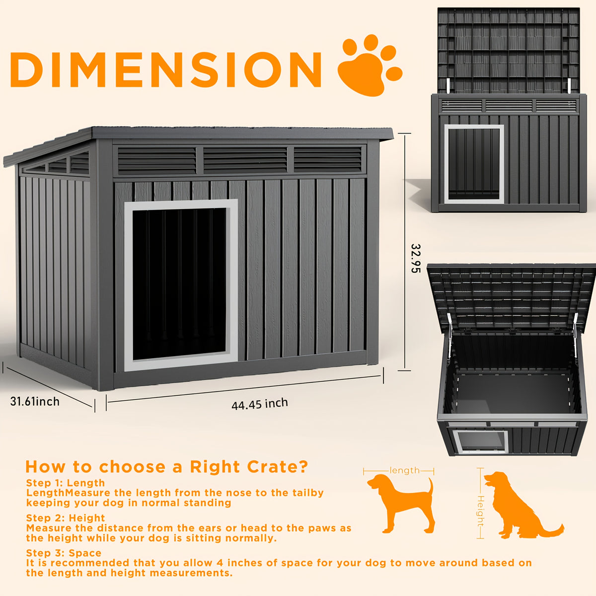 42.87"x32.95"x31.61" Slanted Top Doghouse for Large Dogs - UV-Resistant  Outdoor Pet Shelter with Ventilation Openings, Easy Assembly, Durable Plastic Construction,, Modern Pet House, Weatherproof Pet Home,Outdoor Stray Dog Kennel