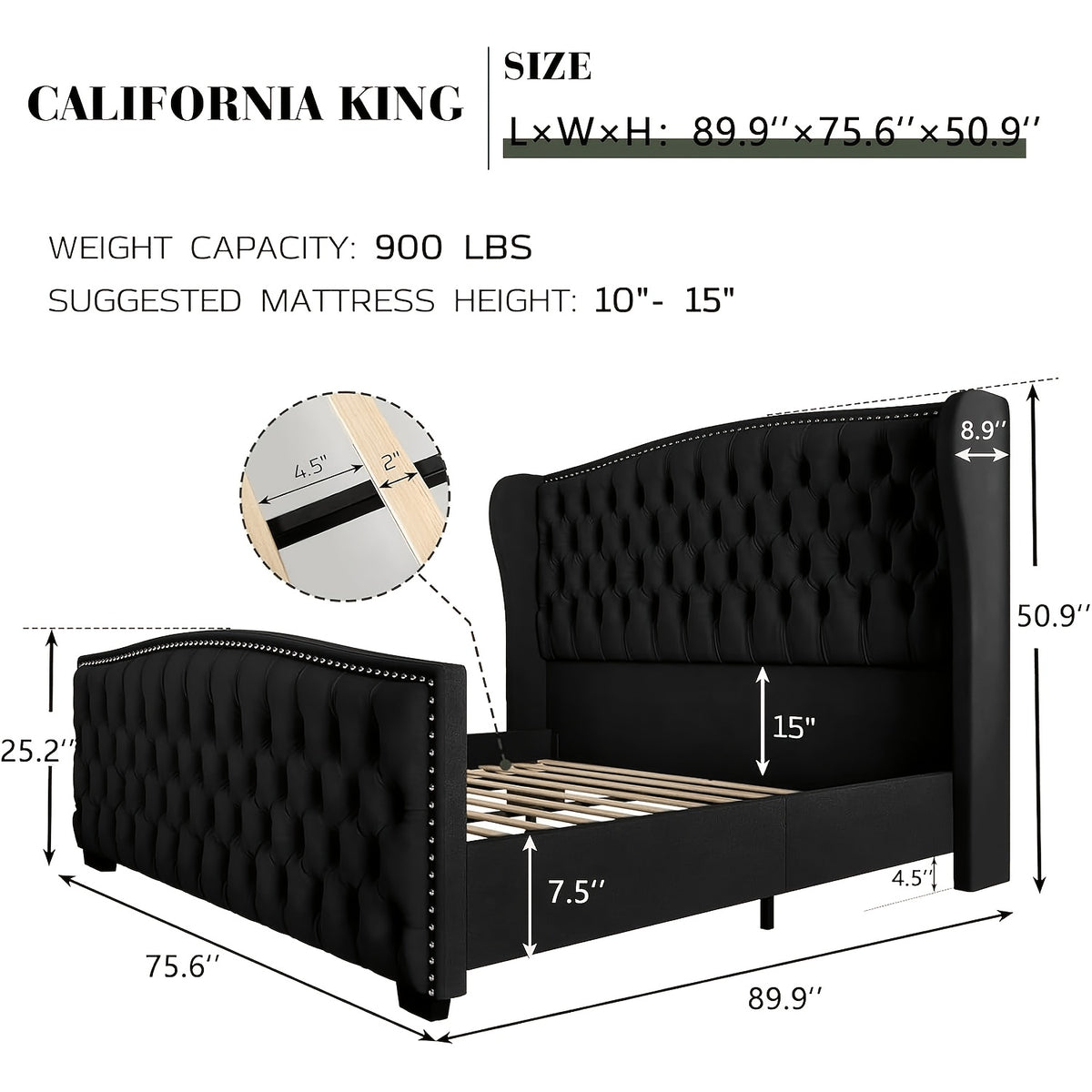 Platform Bed Frame, Velvet Upholstered Bed with Deep Button Tufted & Nailhead Trim Wingback Headboard/No Box Spring Required/