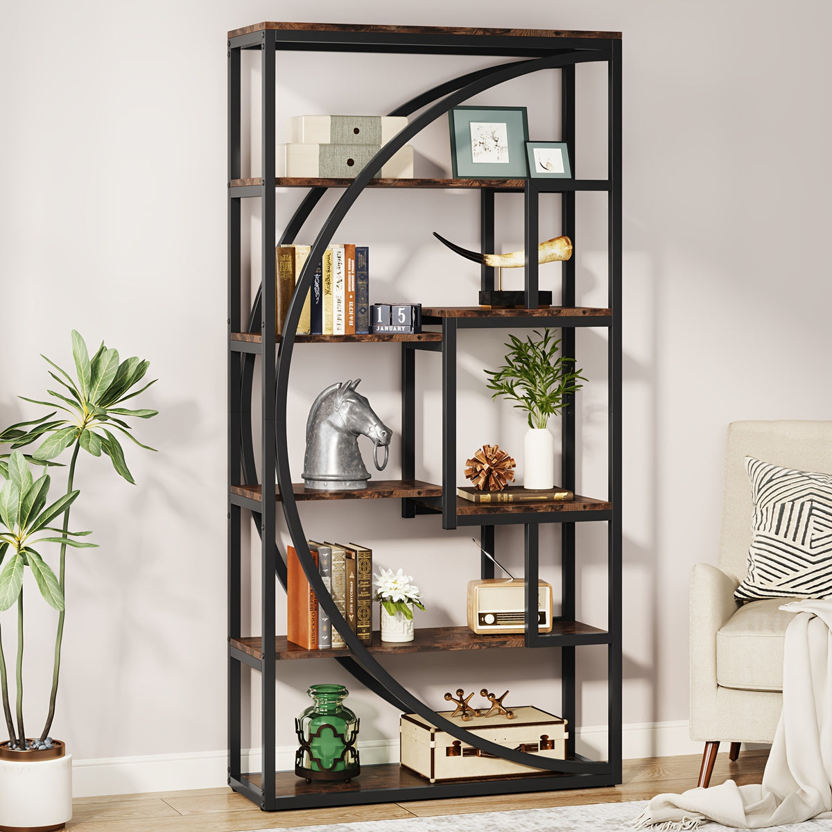 70.8" Rustic Brown Wooden Bookshelf - Industrial 5-Tier Open Shelf Bookcase, 8-Shelf Tall Etagere for Home Office & Living Room, Heavy Duty Display Shelf for Books & Decor